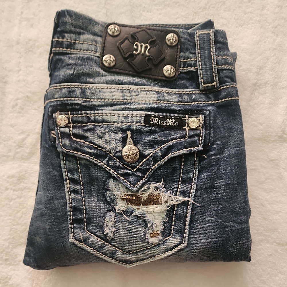 Miss Me Distressed Signature Rise Cuffed Skinny Blue Jeans Size: 27 - Picture 13 of 13